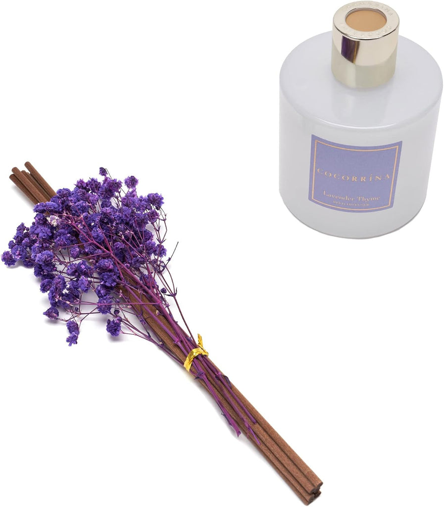 Premium Reed Diffuser Set with Preserved Baby's Breath & Cotton Stick Lavender Thyme | 6.76 Fl.oz Scent Diffuser - Set of 10