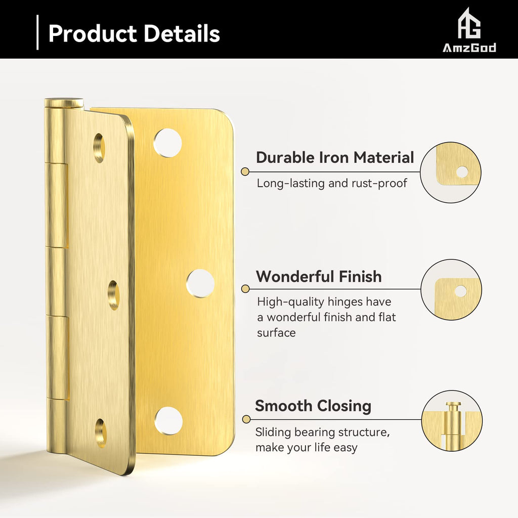 Door Hinges Satin Brass - 18 Pack Gold Door Hinges 3.5 Inch Rounded Interior Door Hinge with 1/4" Radius - 3 1/2