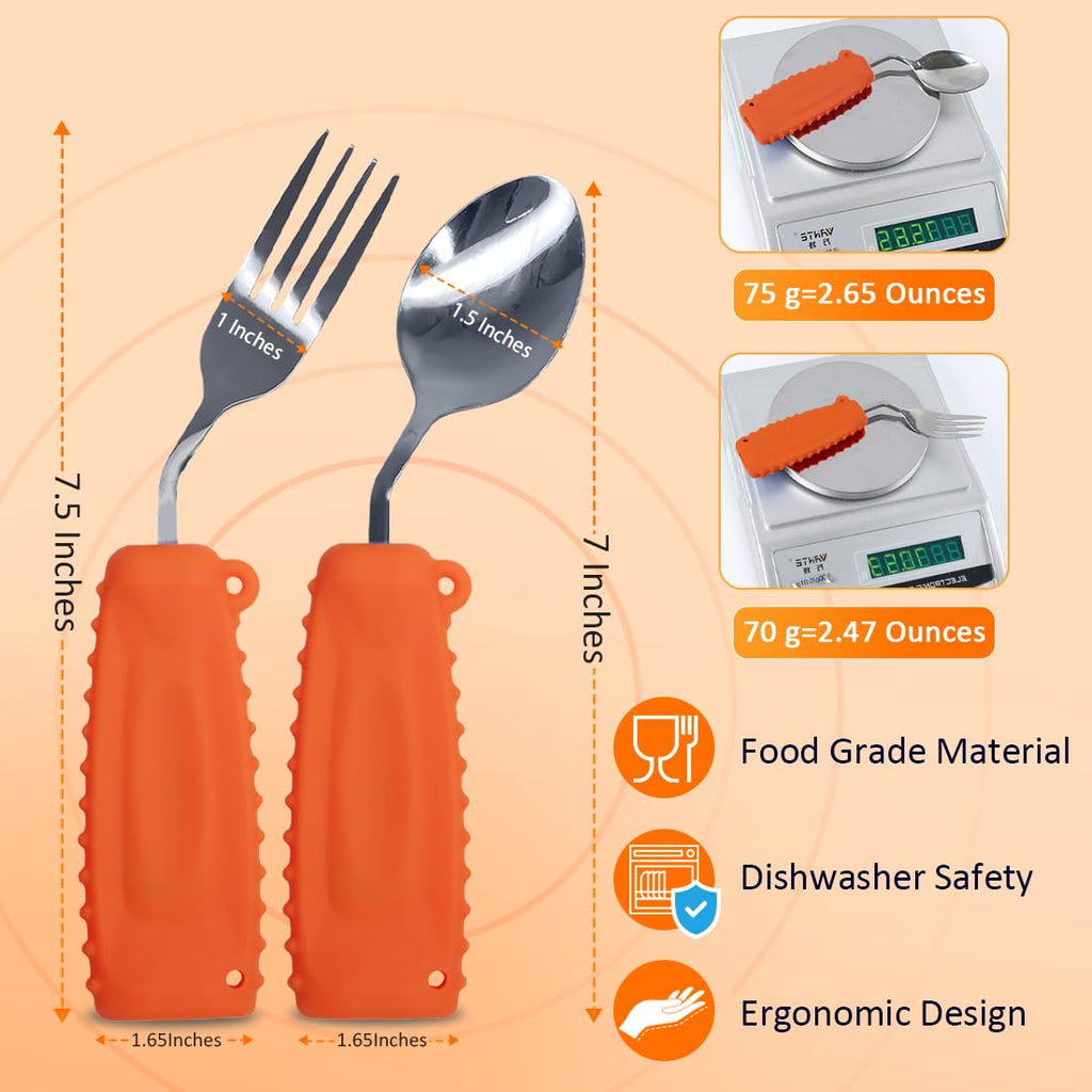 Adaptive Utensils, Curved Angled Spoon and Fork Set, for Tremors Parkinsons Limited or Elderly, Weight Cutlery with