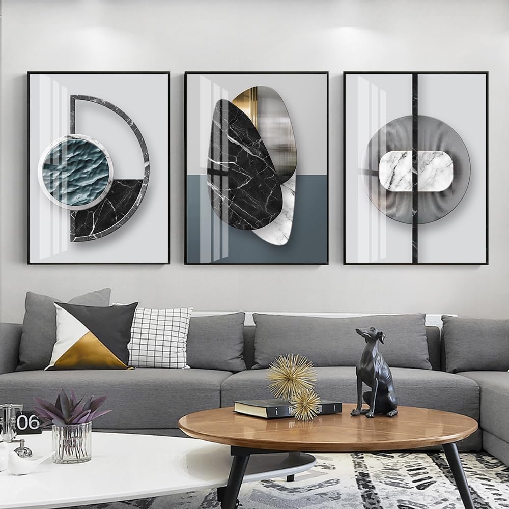 3Pcs Abstract Marble Geometric Crystal Surface Framed Canvas Wall Art