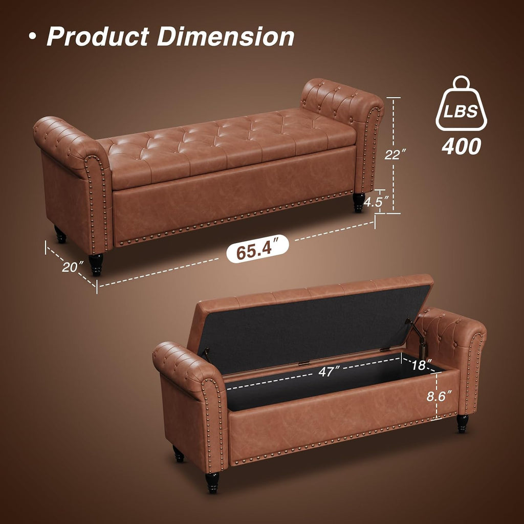 65 Inch Bedroom Bench, End of Bed Bench with Storage, Brown | Bed Benches for Foot of Bed, Faux Leather Window Bench