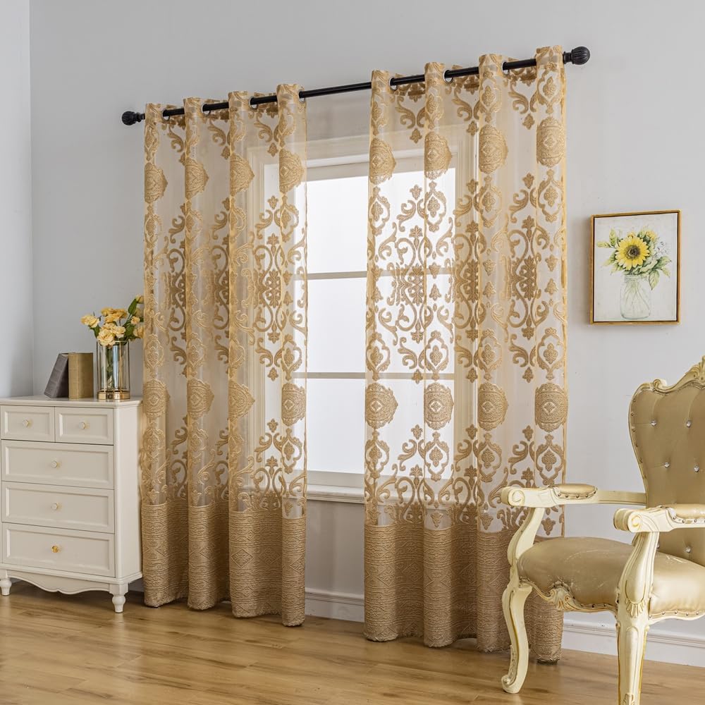 1 Pair Luxury European Sheer Curtains Hollow Embroidered Tulle Curtains Living Room (Gold,54x90 Inch)