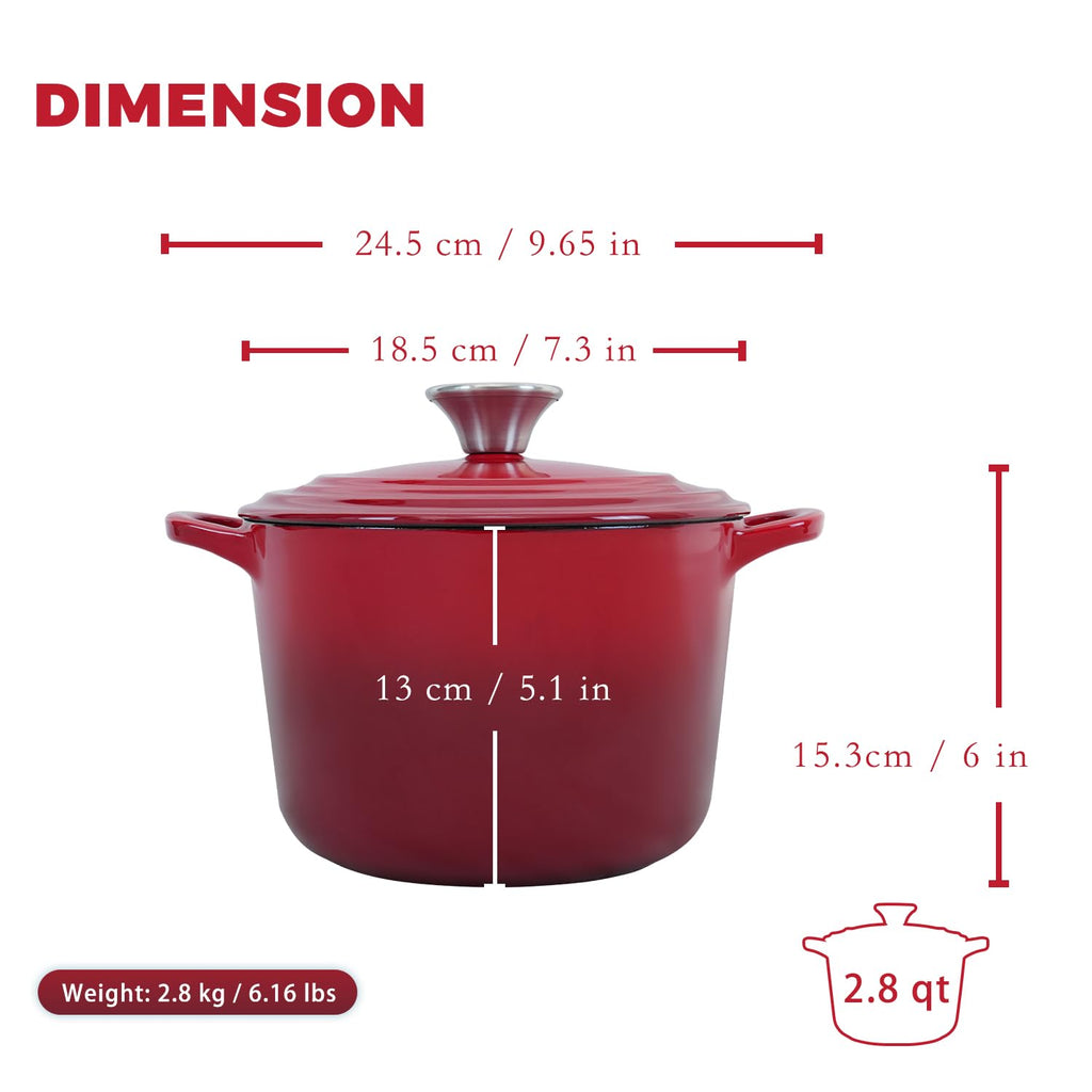 Dutch Oven Pot with Lid 2.8 Qt Cast Iron Dutch Oven for Bread Baking, Red Enameled Cast Iron Soup Pot, Small Deep