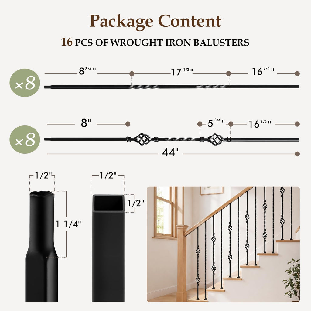 16 Pcs Wrought Iron Balusters for Staircase Interior, 44" Hollow Double Basket with Double Twist Metal Stair Spindles