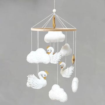 Baby Mobile White Swans with Golden Crowns Felt Clouds Baby Mobile for Crib Boys Girls Neutral Baby Gift Hanging