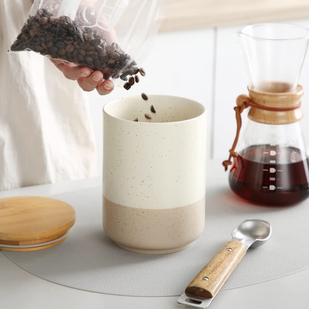 Sabine Ceramic Canister with Airtight Wood Lid - 36 oz Kitchen Storage Container for Coffee, Tea, Sugar, Nuts &