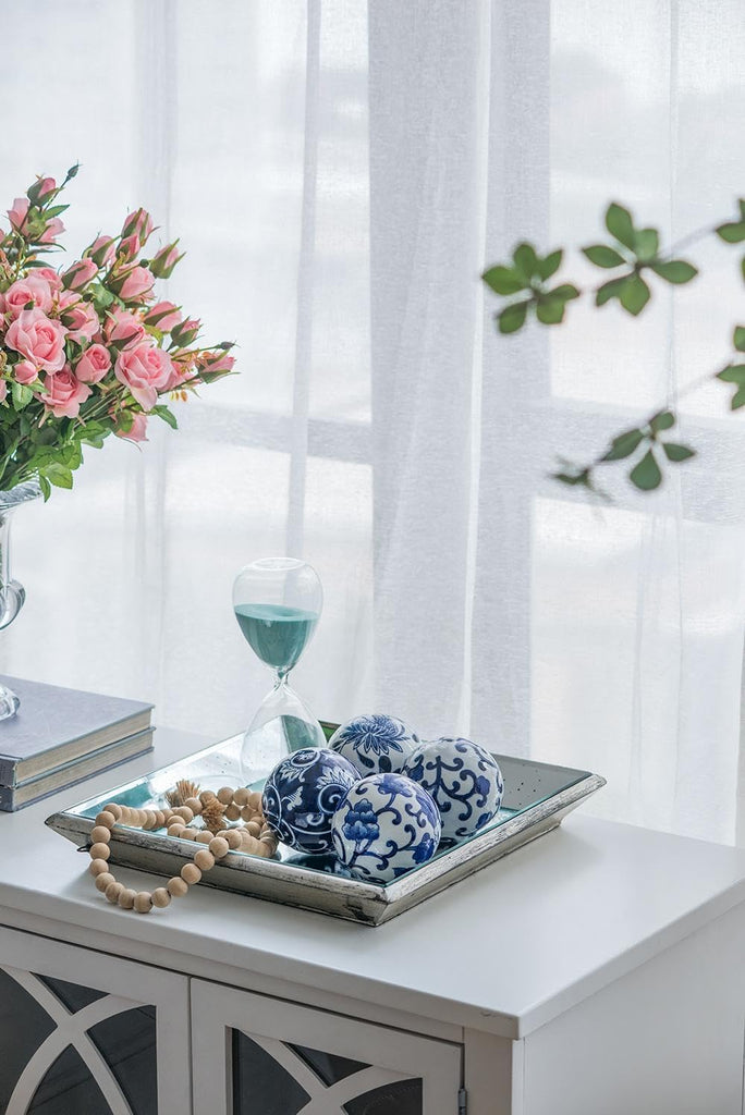 Set of 4 Porcelain Decorative Spheres - Handcrafted Blue and White Floral Orbs Decor, Tabletop Accent, Shelf Display
