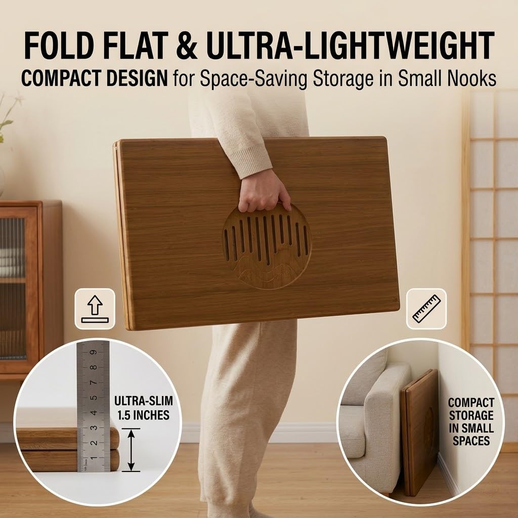Japanese Floor Table, Bamboo Low Desk for Tea Meditation, Foldable No Assembly (Tray + Coaster(4ps) + Table (80cm))