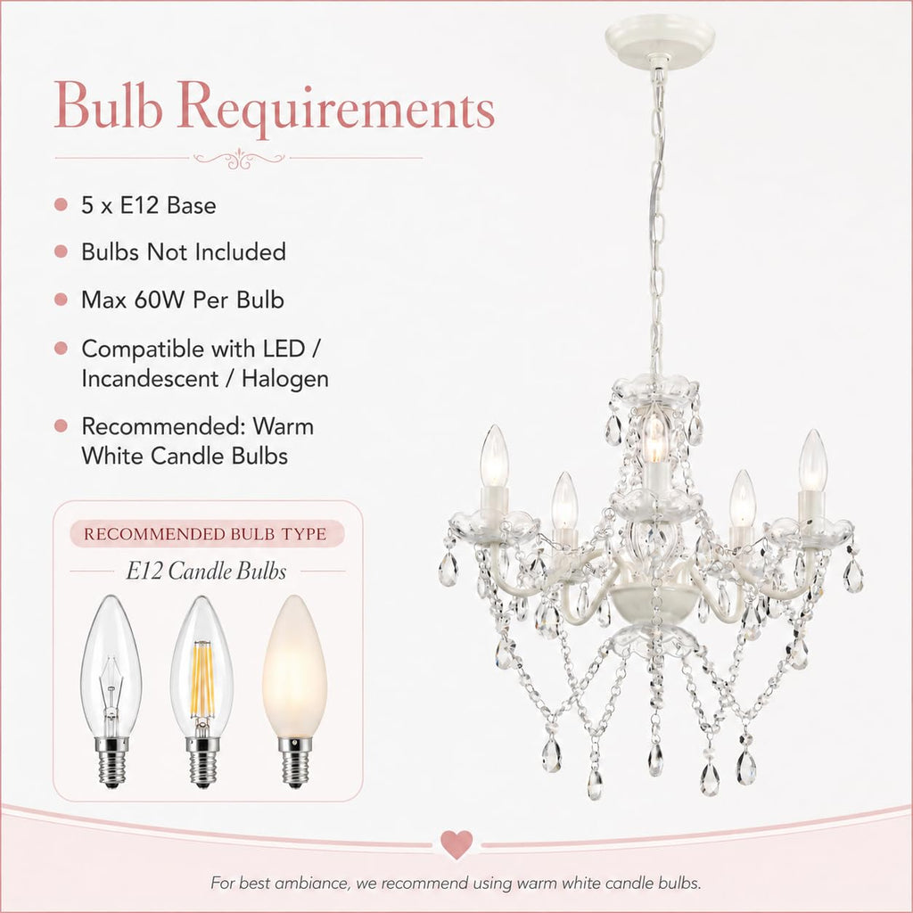 Small White Crystal Chandelier, 5-Light Acrylic Crystal
