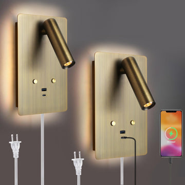 Wall Mounted Reading Light Set of 2,Dimmable Adjustable Headboard Plug in Wall Sconce with USB A+C Ports,Touch