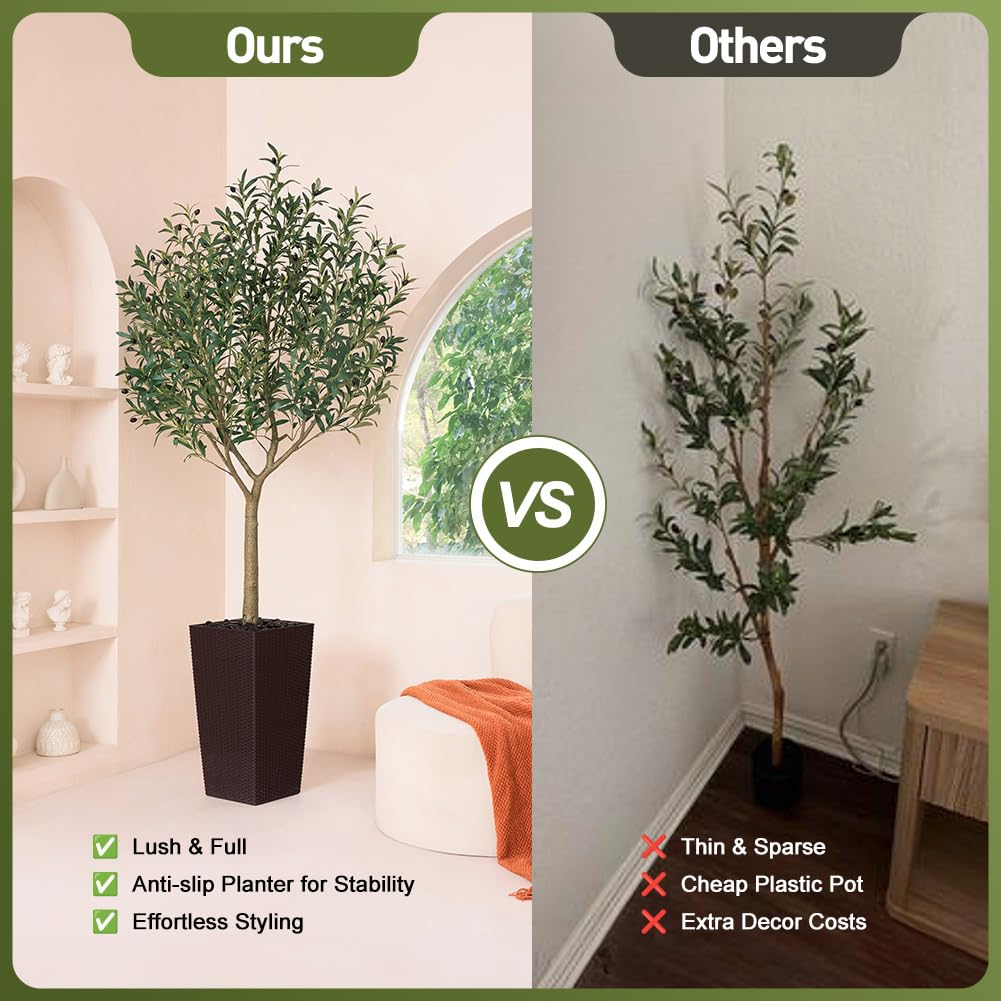 Artificial Olive Tree 7FT, UV Resistant Tall Fake Tree Indoor Outdoor with Brown Taper Planter & Pebbles - Potted