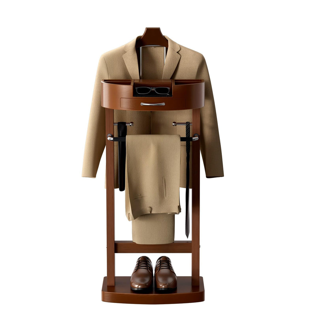 Wood Valet Stand with Tray, Clothes Valet Stand for Men, Suit Valet Stand with Sturdy Base, 17x13.4x41.96in