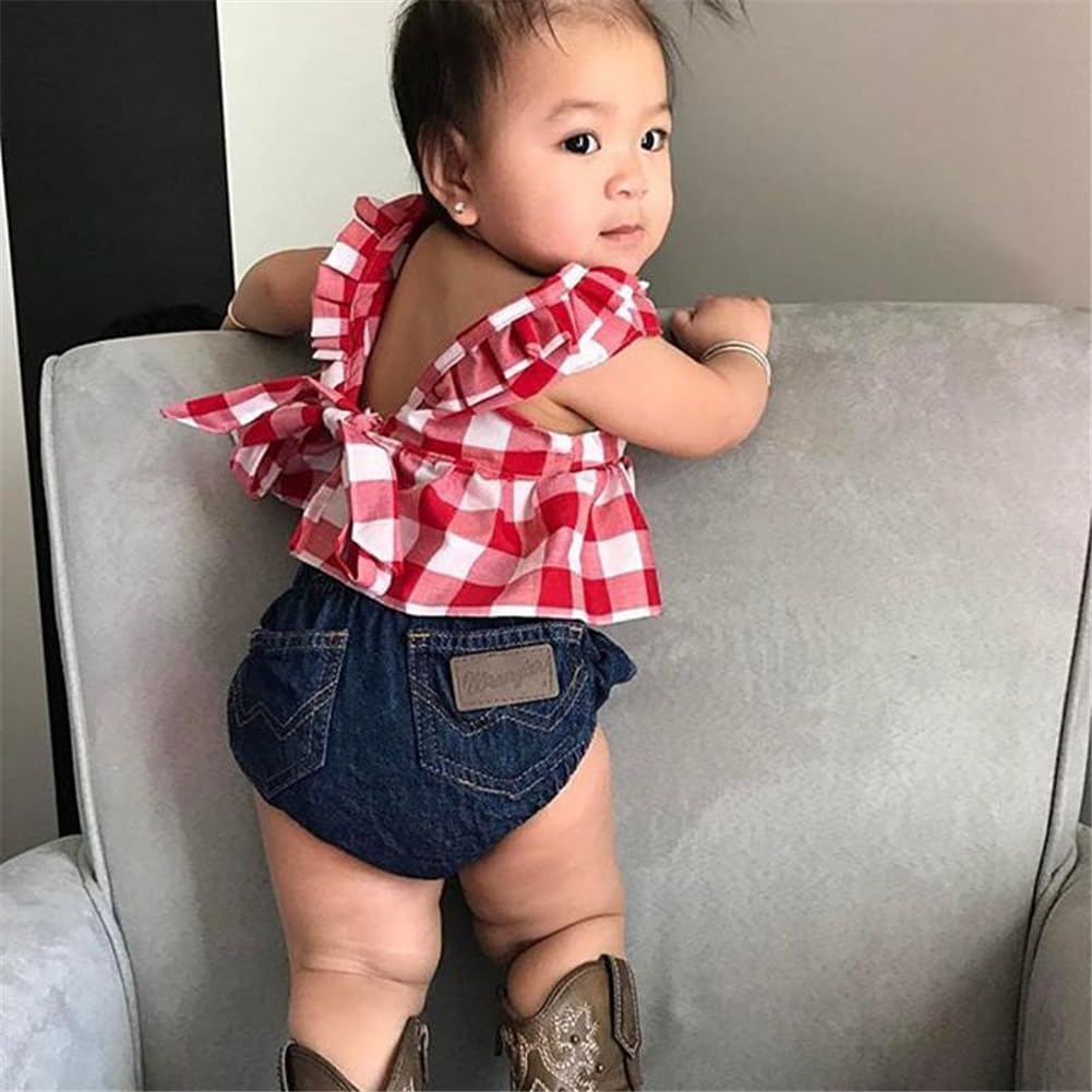 Baby Girl Ruffles Plaid Tunic Tops + Denim Bloomers + Headband 3PCS Sets