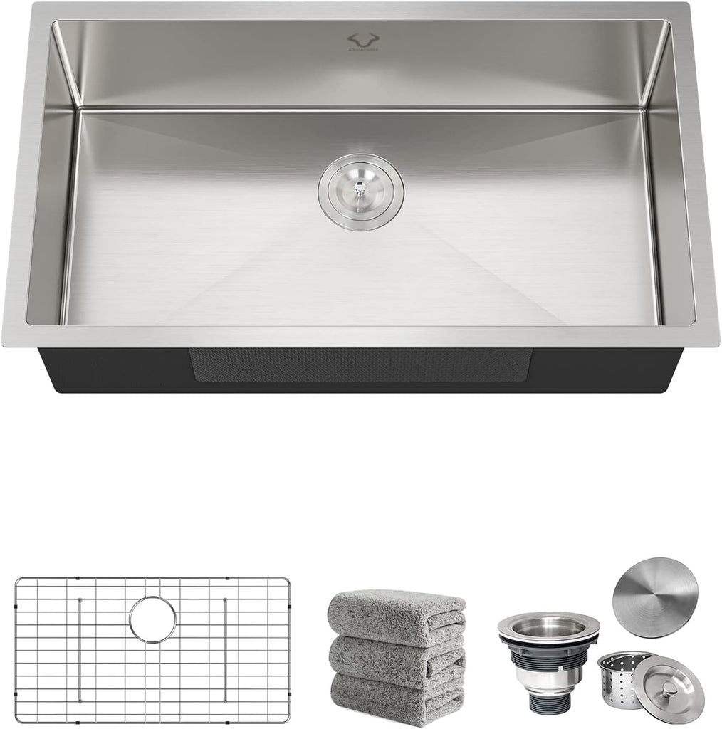 Kitchen Sinks 32x18 Inch Undermount Kitchen Sink Stainless Steel Sink 16 Gauge Single Bowl Set (5 Item Bundle: Sink