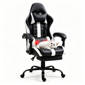 Gaming Chair with Footrest & Massage Lumbar Support, White