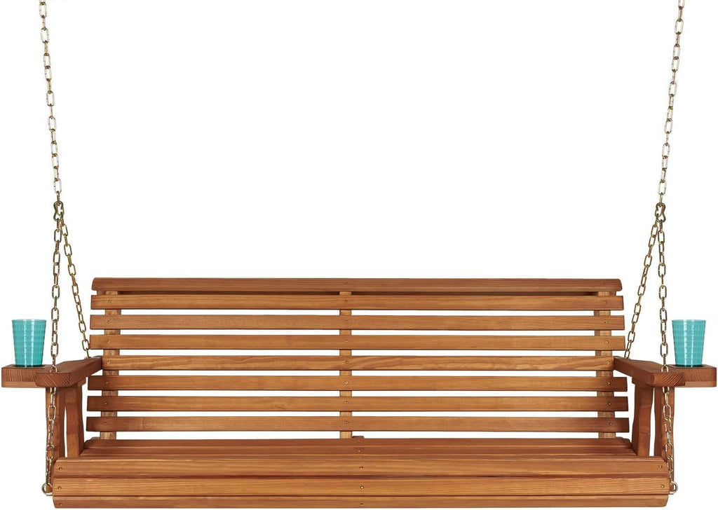 Casual Heavy Duty 700 Lb Capacity Porch Swing with Cup Holders (5 Foot, Cedar Stain) - Wooden Outdoor Roll Back Swing