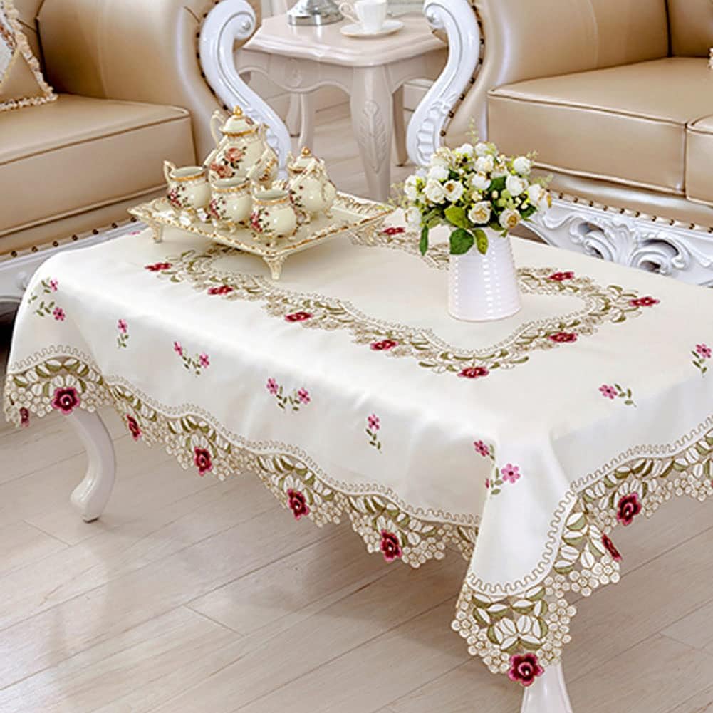 68"X120" Oblong Flower Embroidered Lace Tablecloth, Floral Vintage Classic Rectangular Table Cloth C