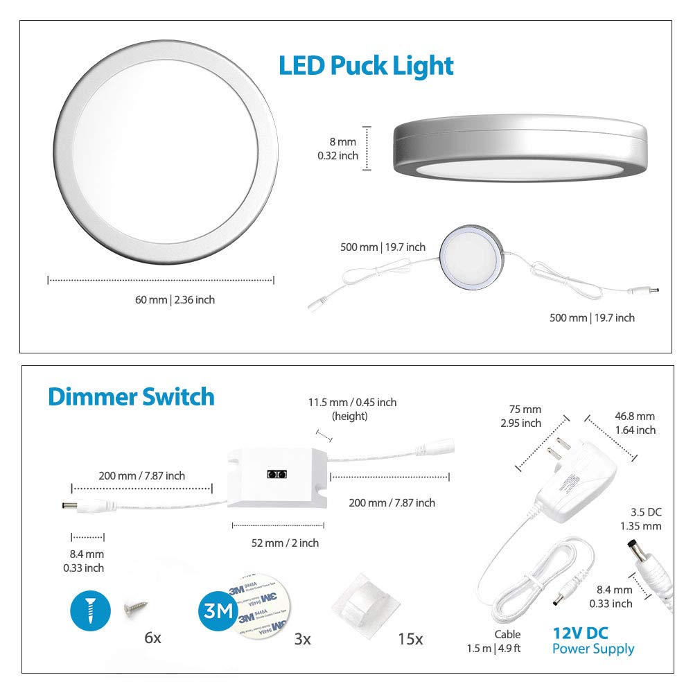 Under Cabinet Puck Lights with Hand Wave Sensor - Circular LED Cabinet Lights - Dimmable - Pack of 3, Warm White