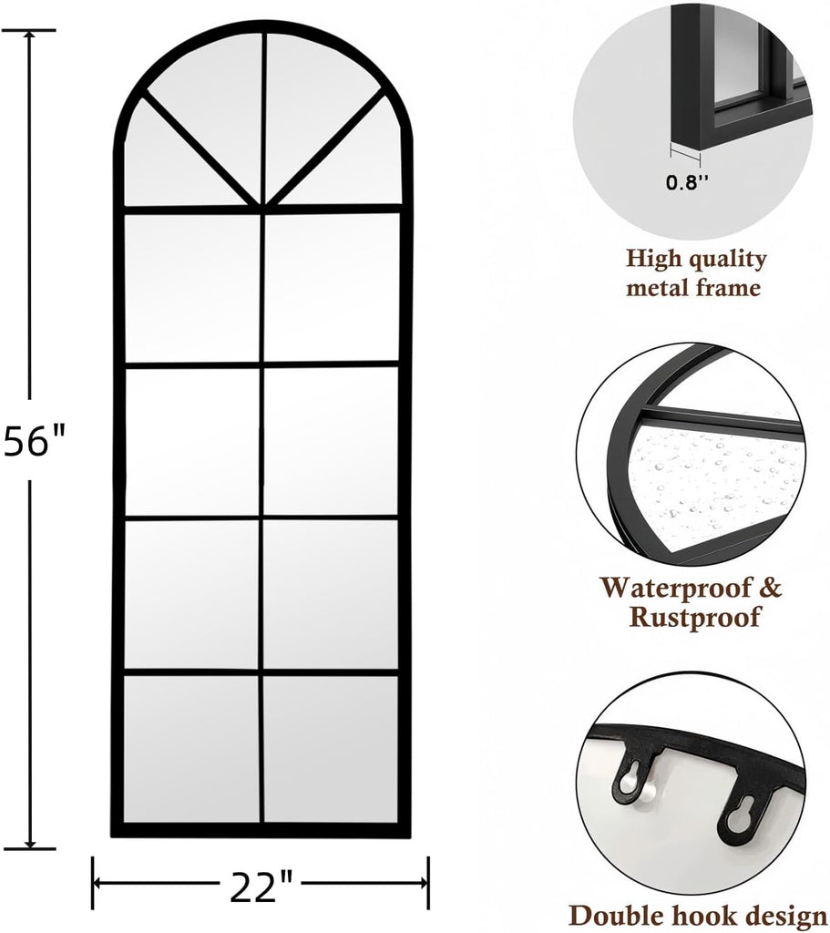 Windowpane Full Length Mirror, 56×22" Black Arch Body Wall Mirror