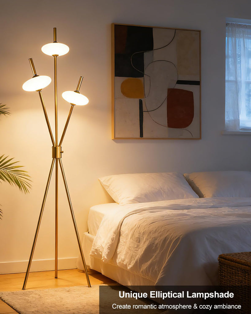 Tripod Floor Lamp Stepless Dimmable Gold Standing Tall Lamps with 3PCS Elliptical Lampshades Mid Century Modern Floor
