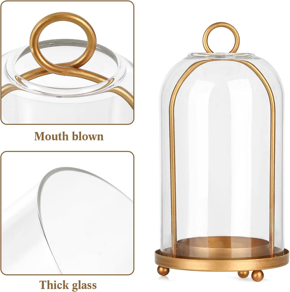 Vintage Brass Metal Candle Lantern with Thick Glass Dome - Set of 2 Shabby Chic Style Candle Holders (5.25"x10" &