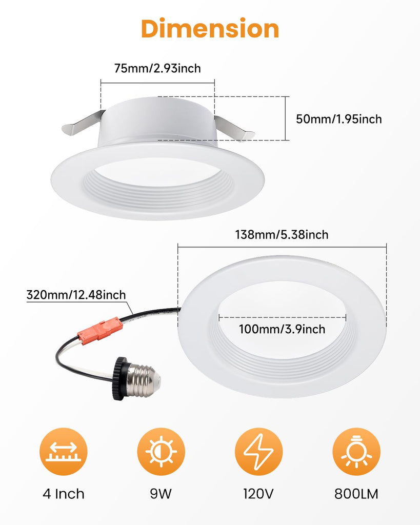 Premium Metal 4 Inch LED Recessed Lights - Retrofit Baffle Can Lighting, 800LM 9W 5CCT Selectable (2700K-6000K)