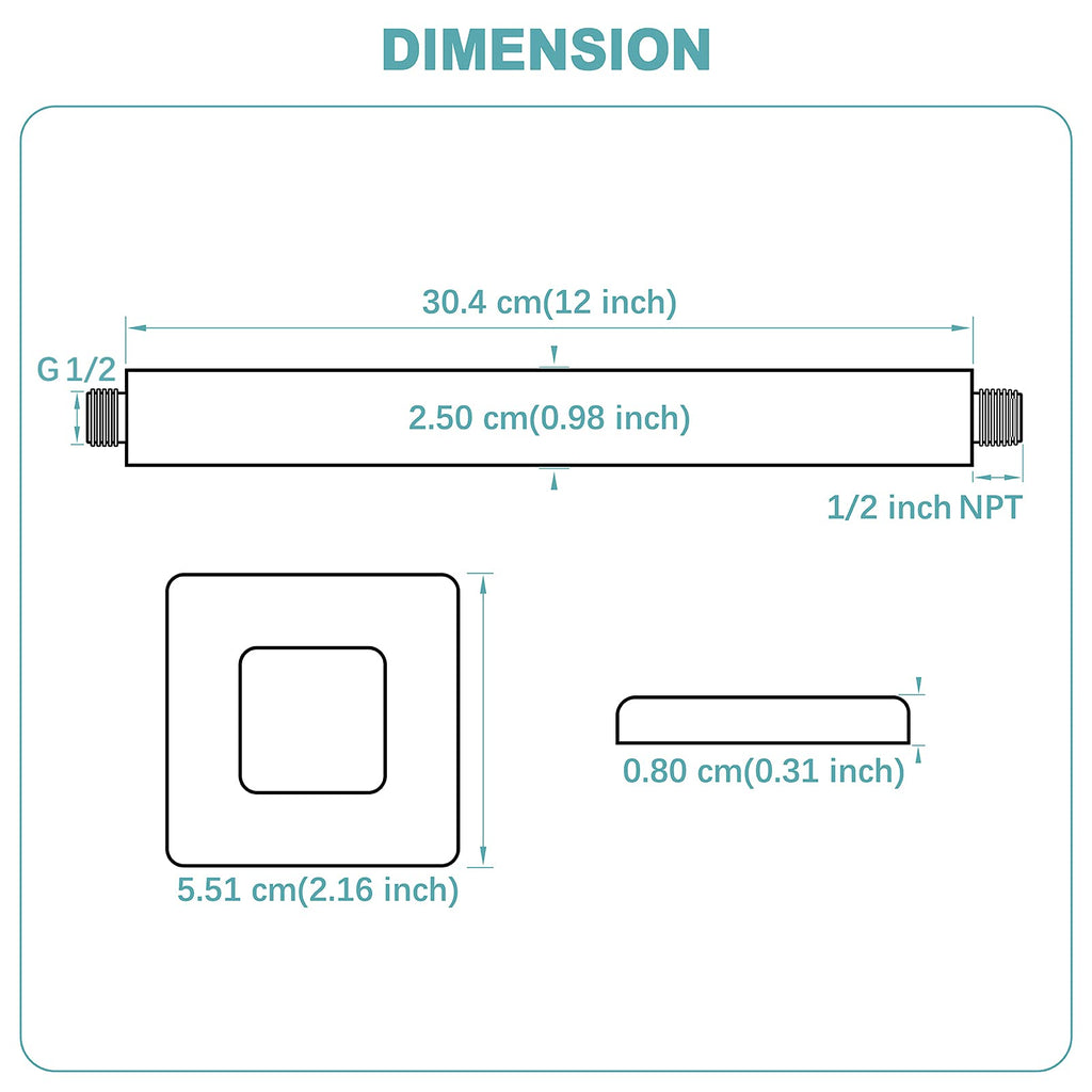 12 Inch Matte Black Ceiling Mount Shower Arm and Flange, Square Rain Shower Arm