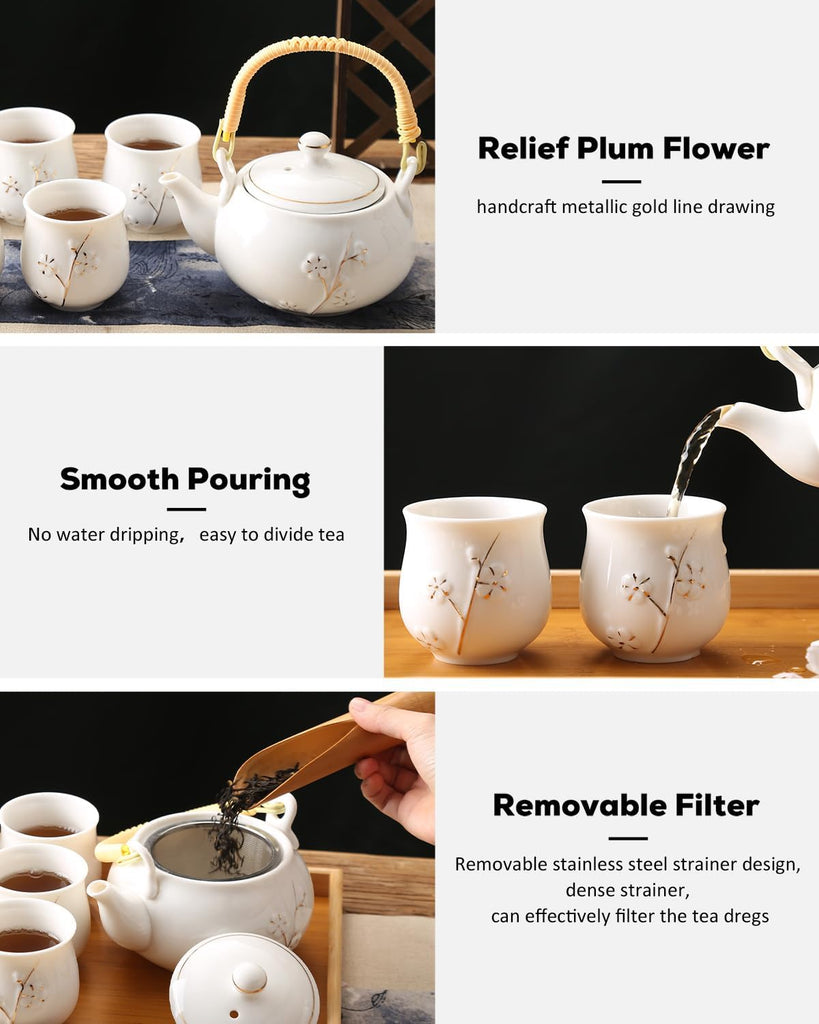 Japanese White Porcelain Tea Set - Teapot, 6 Tea Cups, Tray & Stainless Infuser - Plum in Golden