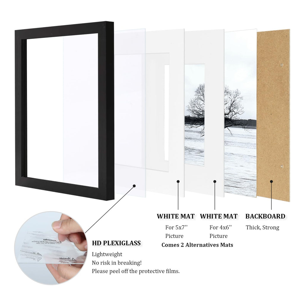 8x10 Picture Frames Set of 4, Made of Solid Wood Covered by Plexiglass 4x6 and 5x7 with Mat or 8x10 without Mat, for