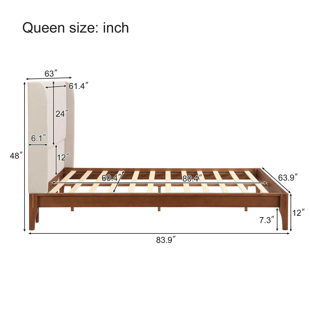 Queen Size Bamboo Platform Bed, Mid-Century Bed Frame with Tall Upholstered Headboard, Wood Slat Support, No Box