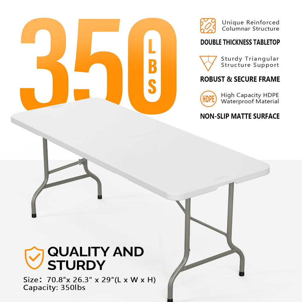 Folding Table 6ft, Portable Collapsible Plastic White Long Tables for Party, Camping, Banquet, Craft, Dining