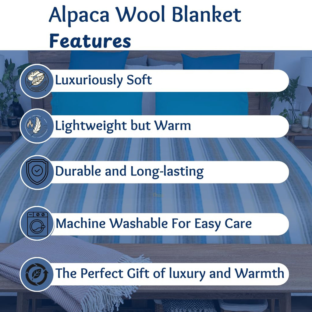 Alpaca Wool Throw Blanket | Super Soft, Lightweight, Breathable and Hypoallergenic | Non-Itchy or Scratchy (Blue