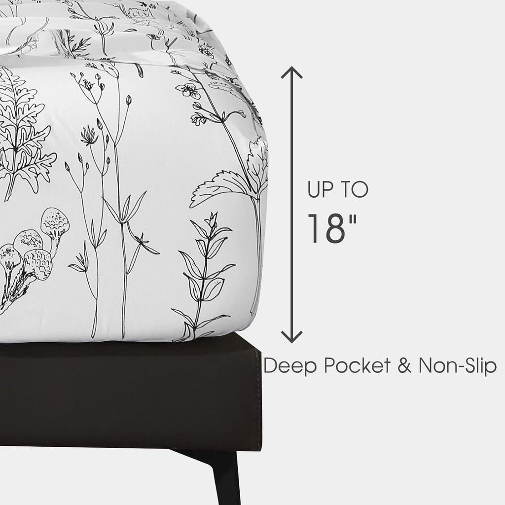 Floral Bed Sheets King, 18 inches Deep Pocket Sheets 1800 Thread Count, Black and White Leaf Sheet Set Soft