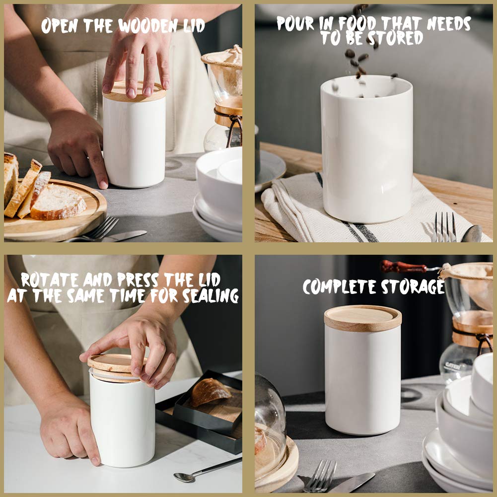 Kitchen Canisters Ceramic Food Storage Jar, Stackable Containers with Airtight Seal Wooden Lid for Serving Ground