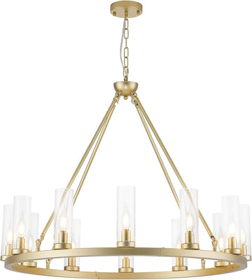Farmhouse Chandeliers for Dining Room,Metal Wagon Wheel Chandelier with Clear Glass Vintage Round Pendant Lights Kitchen Island Lighting Fixture(Gold,34in -12 Light) A115-B0C89Z637G