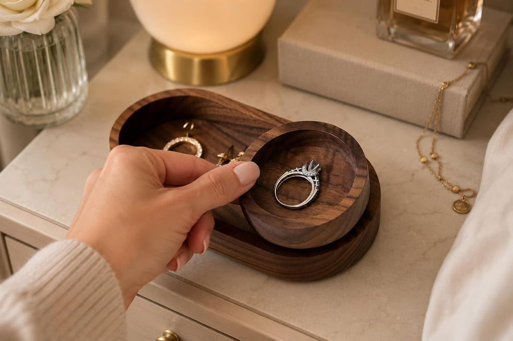 Black Walnut Oval Tray with Removable Round Dish - Solid Wood Jewelry Organizer, Ring Holder, Desk Valet, Minimalist