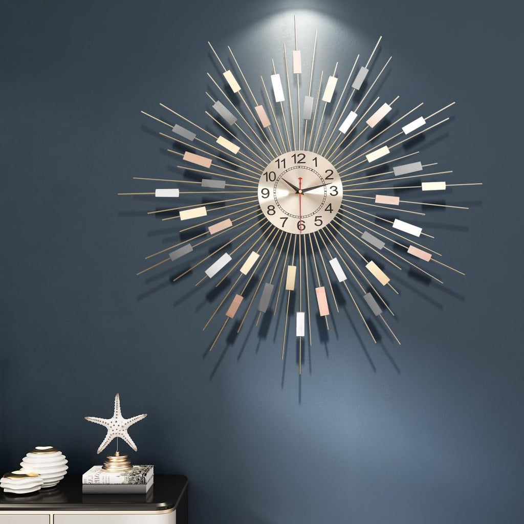GOD 24" Large Sunburst Wall Clock, Boho Modern Farmhouse Metal Decorative Clock, Silent Non‐Ticking Battery Powered