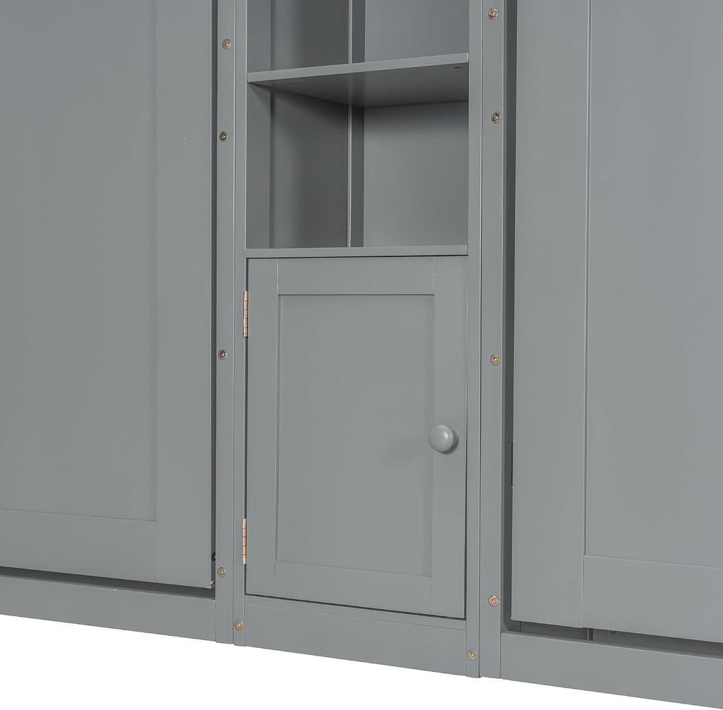 Dual Twin Murphy Beds with Storage Shelves and Cabinets, Pine Wood Space-Saving Hideaway Double Murphy Wall Beds with