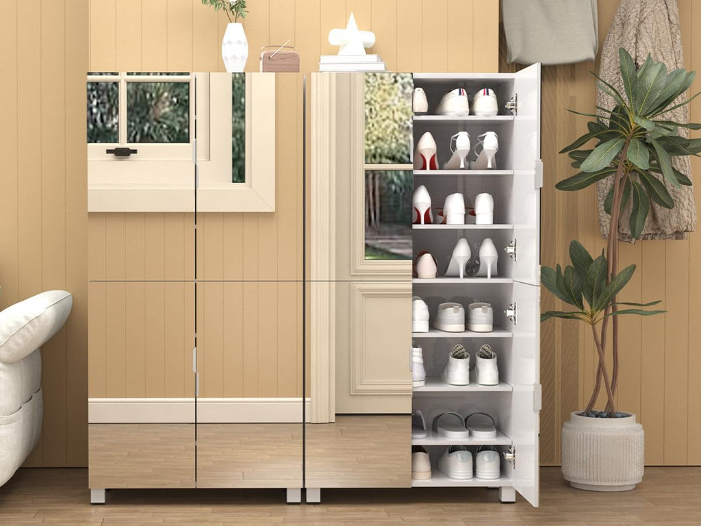 Mirror Shoe Cabinet with 4 Mirrored-Door Shoe Storage Cabinet