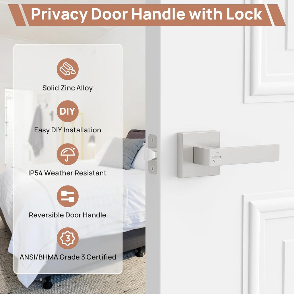 Brushed Nickel Door Handles Interior, Door Knobs s, Heavy Duty Privacy Door Levers, Waterproof Zinc Alloy Bathroom