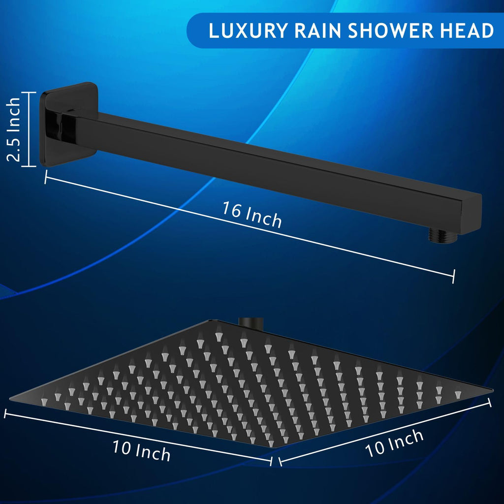 All Metal Shower Head with Extension Arm, Stainless Steel Waterfall Rainfall Showerheads, High Flow Bathroom Square