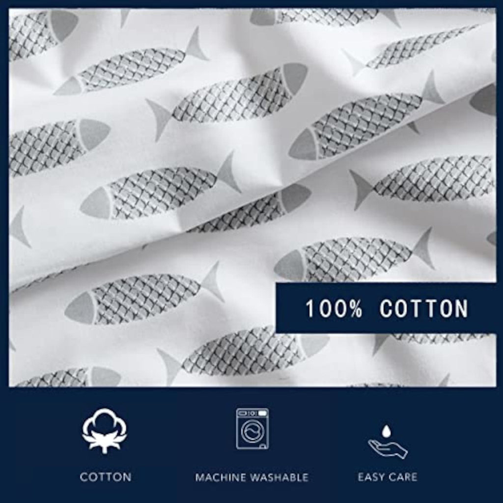 Queen Sheets, Cotton Percale Bedding Set, Crisp & Cool, Coastal Home Decor (Woodblock Fish Grey, Queen)