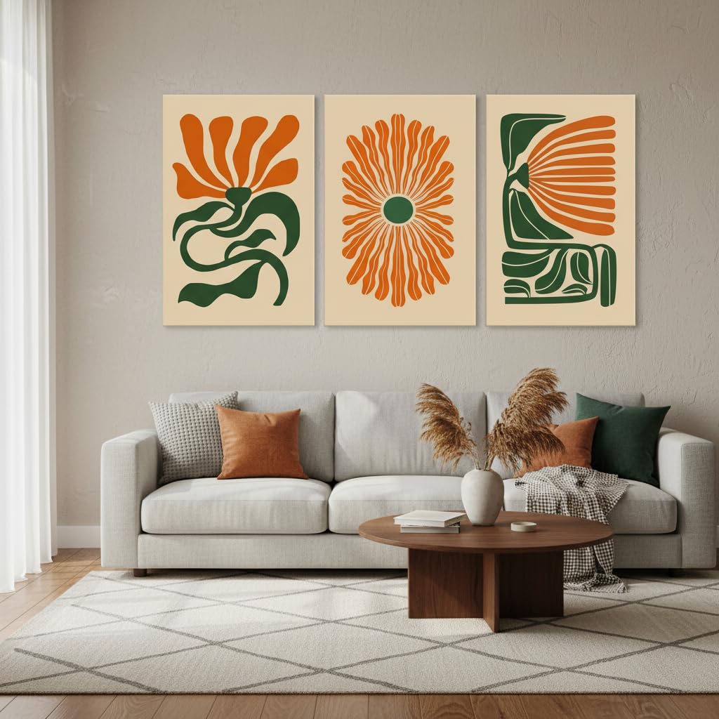 3 Pcs Mid Century Floral Canvas Wall Art, Boho Flower Wall Decor