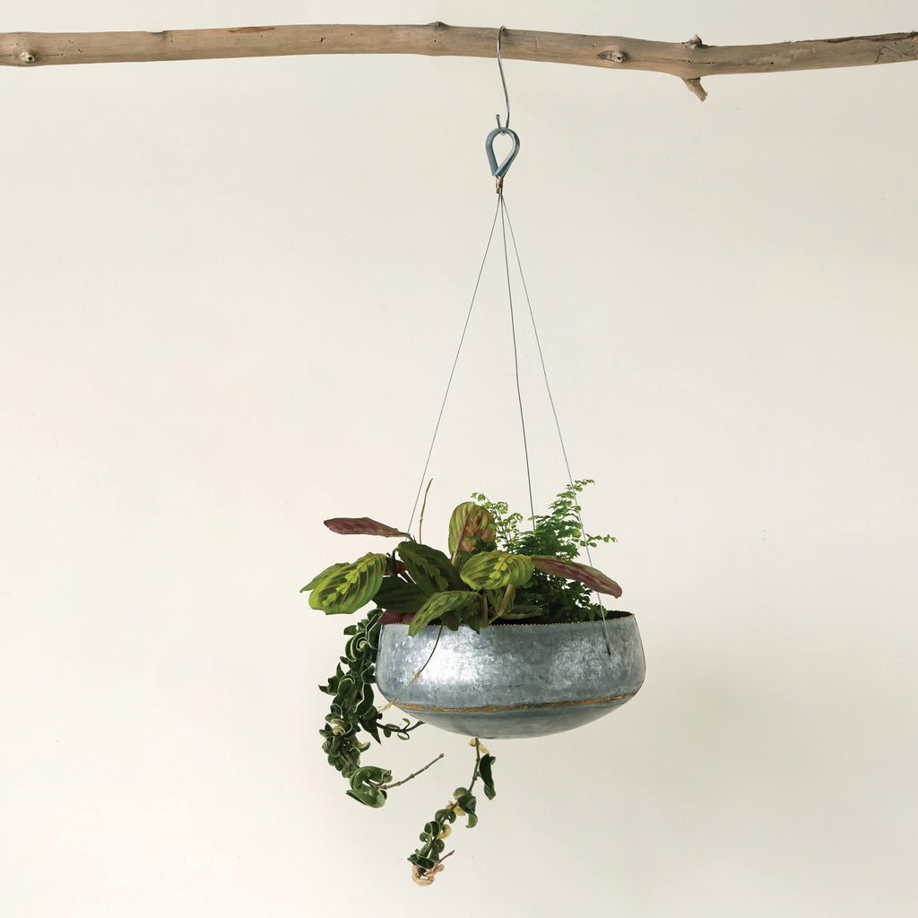 Round Galvanized Metal Hanging Planter with Rope and Hook, Silver and Gold