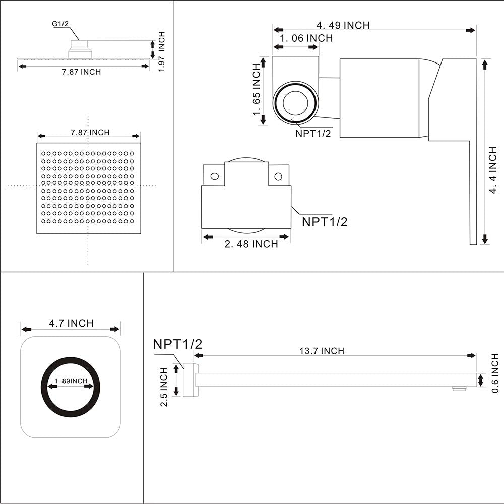 Matte Black Shower Faucet Set, Single Function Shower Trim Kit with Rough-in Valve, Square Rain Shower Head System