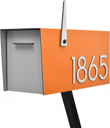 Contemporary Post Mounted Mailbox - Aluminum Orange Body and Aluminum White Door, Numbers and Flag - Modern Design
