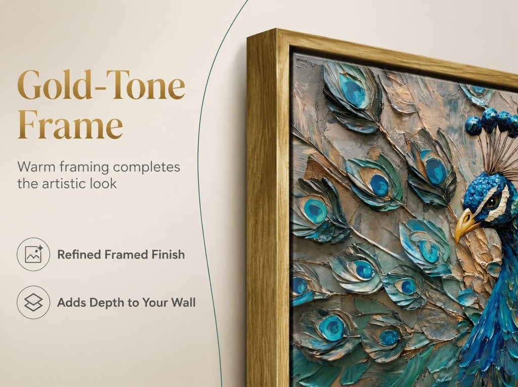 Framed Peacock Wall Art, Teal Blue Gold Wall Decor