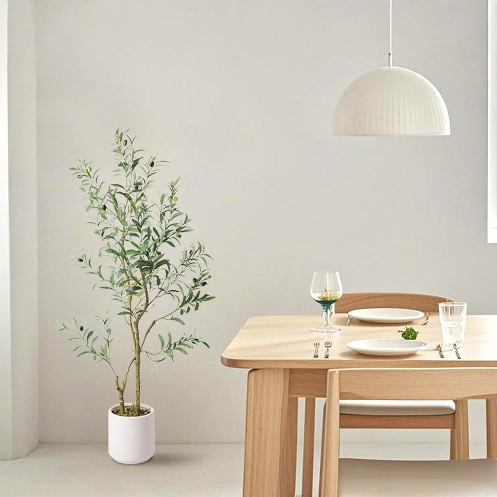 Fake Olive Tree 4FT Tall 1Pack with White Planter Decor