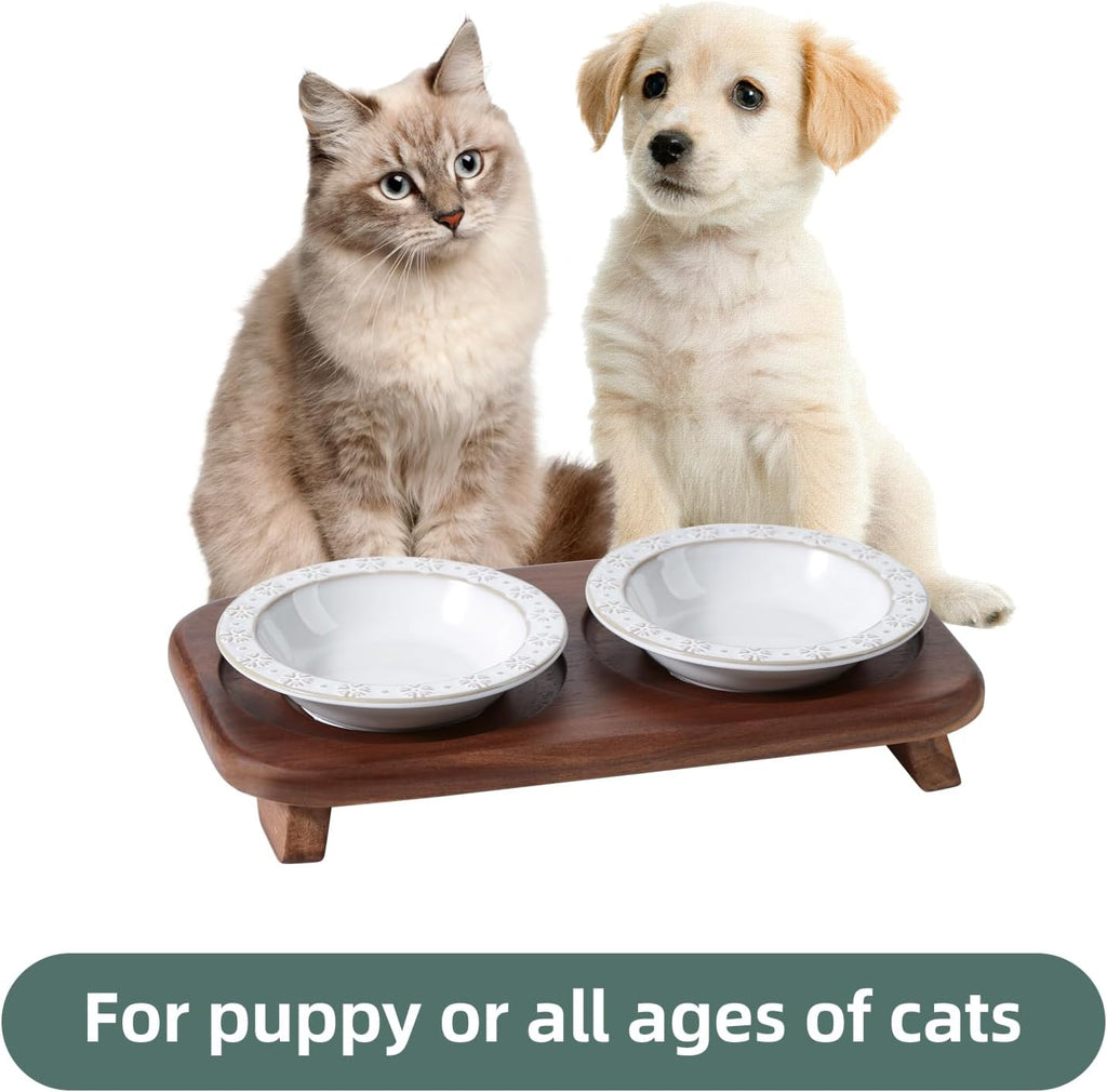 Ceramic Cat Food Bowl, 6.1" Raised Cat Bowls with Acacia Wood Stand