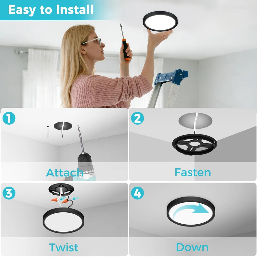 6Pack 7inch LED Flush Mount Ceiling Light, Dimmable & 5Color Temperatures, 15W Round Slim Black Light